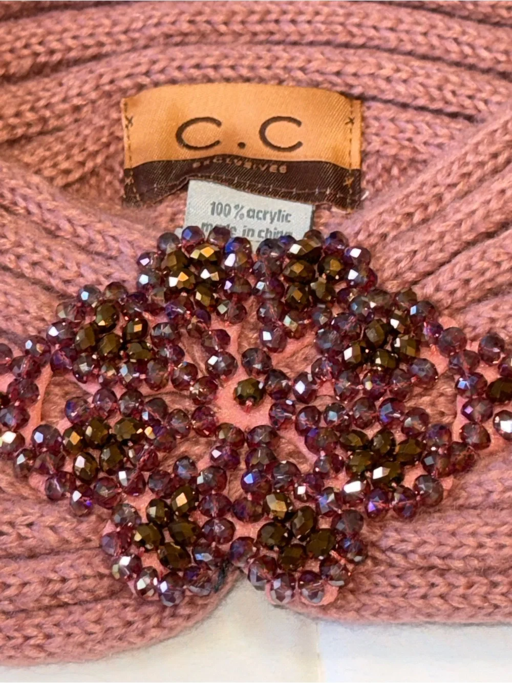 C.C. Exclusive dusty Rose Beaded Ribbed Knit Headband,  ear-warmer jewel flower